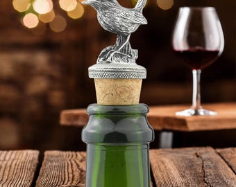English Made Pewter Wren Wine Bottle Stopper in Gift Pouch