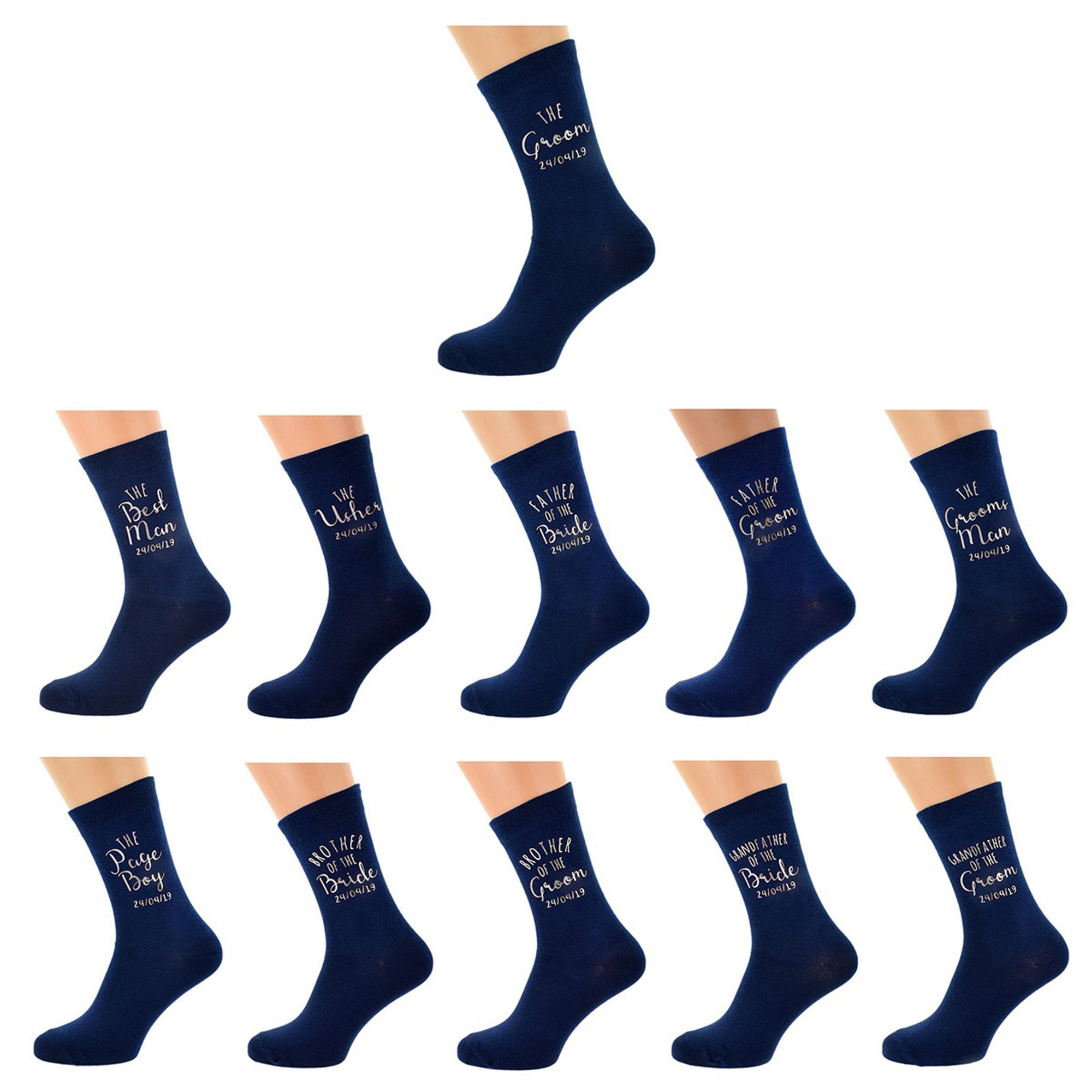 Image of Navy Blue Wedding Socks With Silver Text & Optional Personalised Name Date