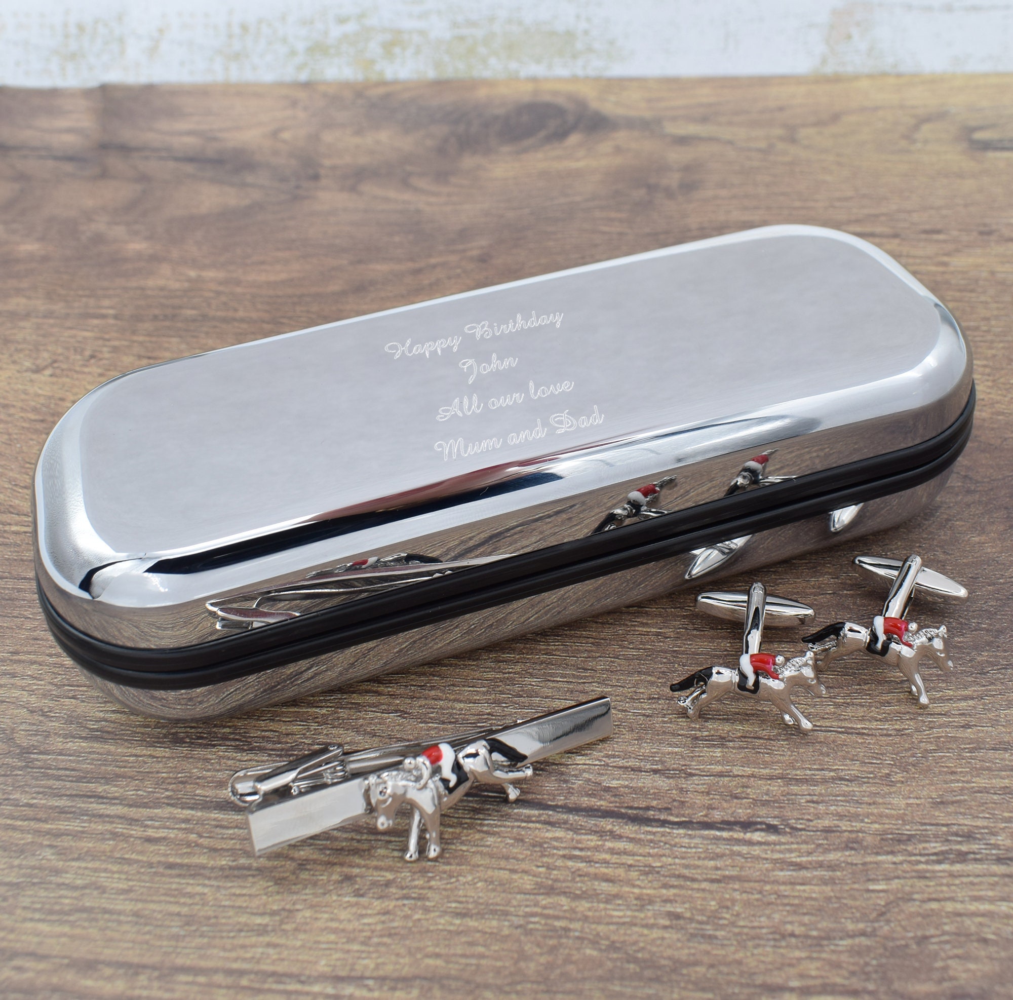 Horse Jockey on Racehorse Tie Clip and Cufflinks Set in Engraved personalised box