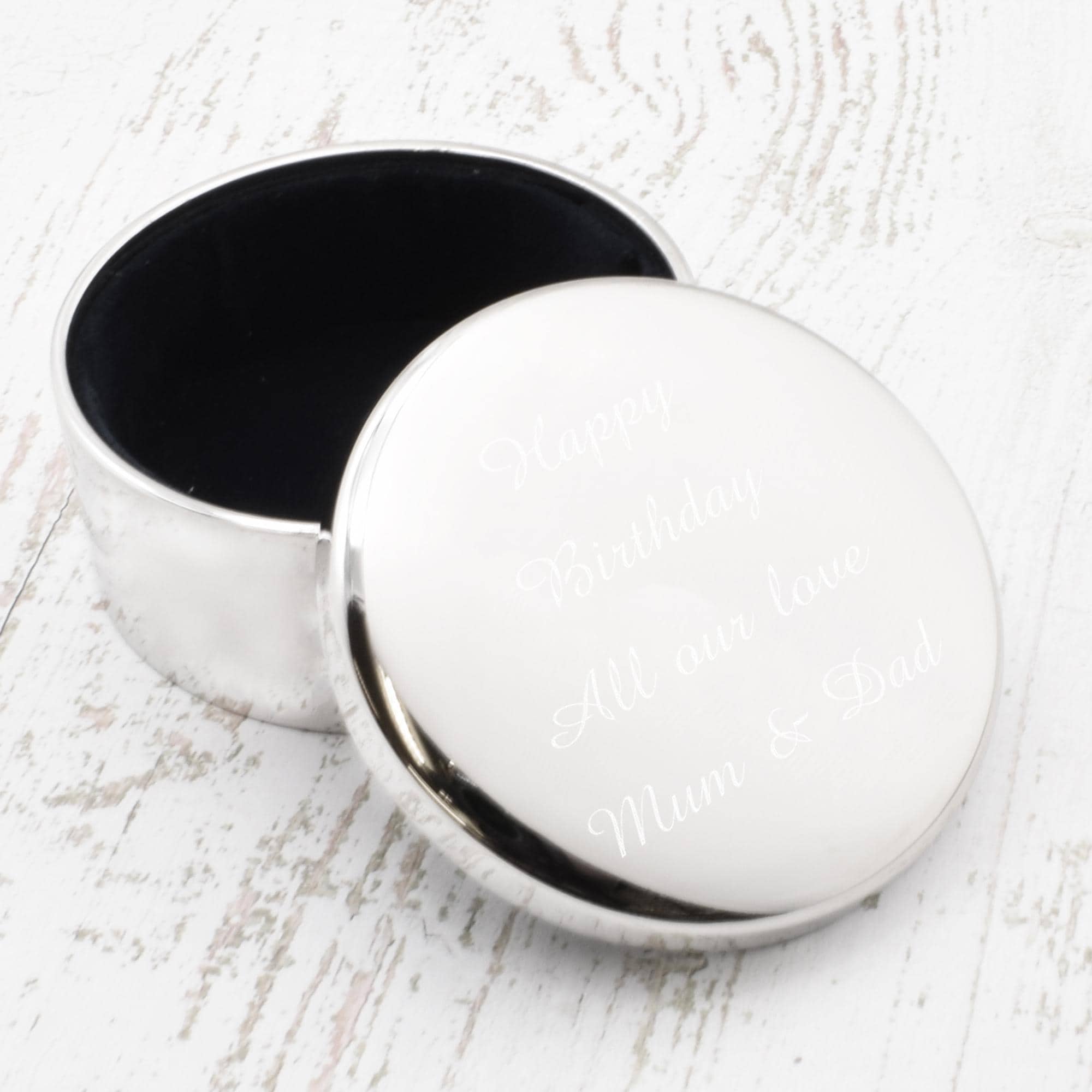 Silver Round Shaped Trinket Box Personalised with Engraved Message on the Front