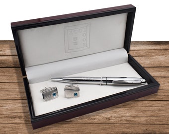 Engraved Hand Set Swarovski Crystals Birthstone Cufflinks & Polished Finish Stylish Pen Set Presented in a Personalised Gift Box