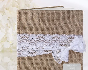 Personalised with Engraved Message, Contemporary Hessian Burlap Lace & Bow Guest Book