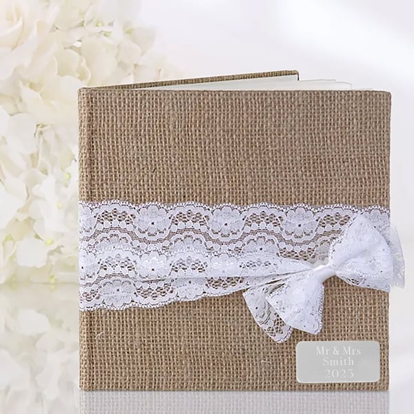 Personalised with Engraved Message, Contemporary Hessian Burlap Lace & Bow Guest Book