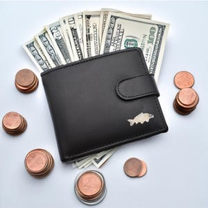 Personalised Common Carp Fish Design Black Genuine Leather Wallet with Optional Engraved gift box