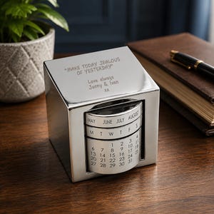 May include: A silver-toned metallic cube desk calendar featuring a rotating cylindrical centre with months, days of the week, and dates. The top surface is engraved with the text "MAKE TODAY JEALOUS OF YESTERDAY" followed by "Love always Jenny & Ivan xx".