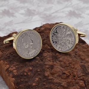 Gold Plated Hand Mounted Lucky Silver Sixpence Cufflinks in personalised cufflink box