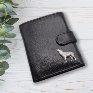 Personalisiert mit eigenem Text Zinn Howling Wolf Design Schwarz Echtleder Brieftasche