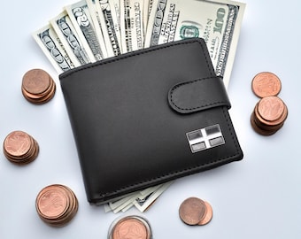 Personalised Cornish Cornwall Flag Design Black Genuine Leather Wallet with Optional Engraved gift box