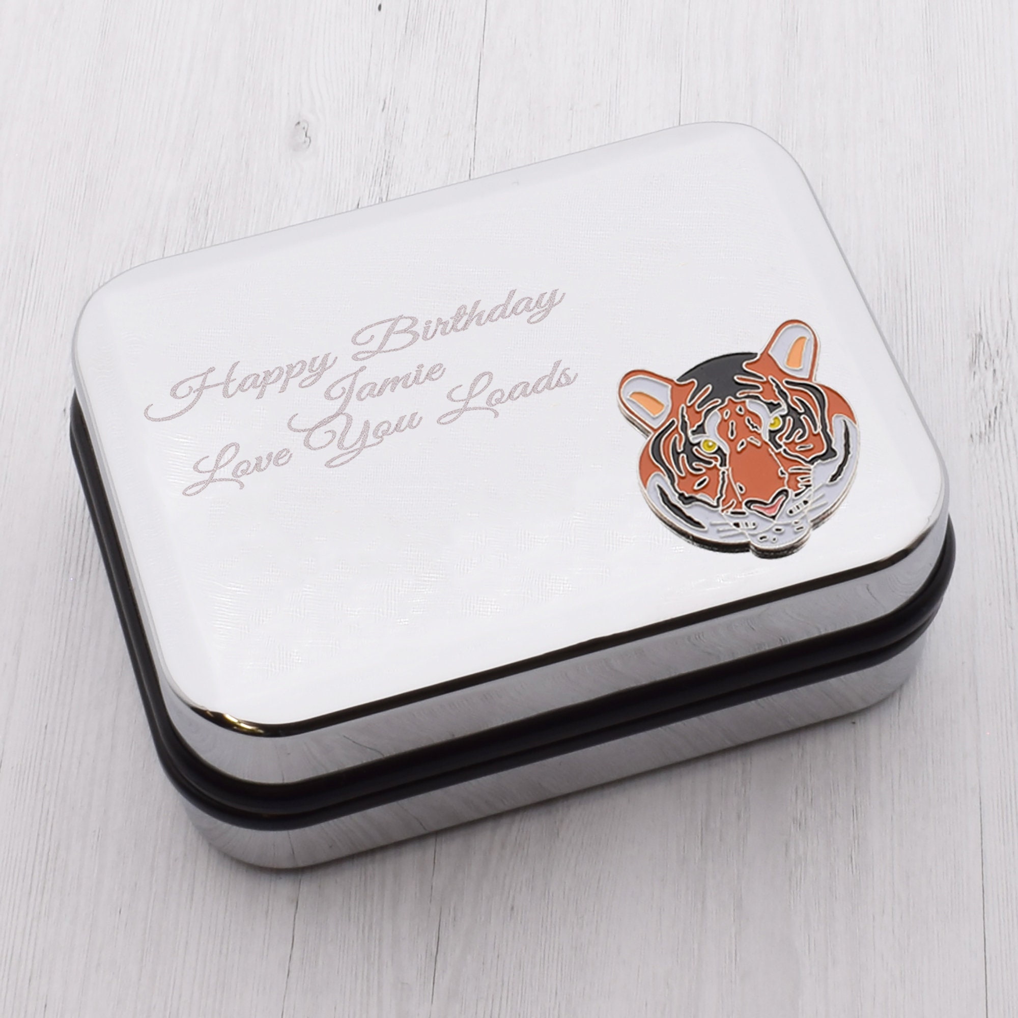 Tiger Head Design Personalised Engraved Chromed Cufflink Case Box 