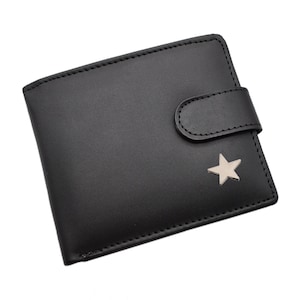 Cartera de piel auténtica negra con diseño de estrella personalizado y caja de regalo grabada opcional