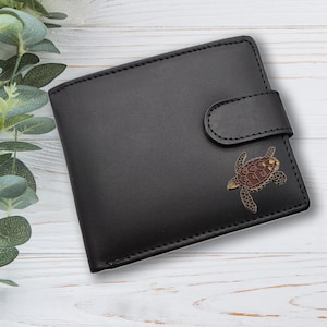 Cartera de cuero genuino negra con diseño de tortuga marina personalizada con caja de regalo grabada opcional