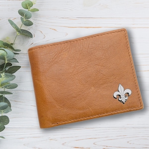 Carteira de couro genuíno bronzeada com design flor de lis personalizada com caixa de presente gravada opcional