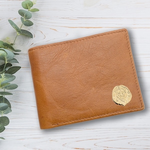 Cartera de cuero genuino color canela con diseño de león dorado personalizado con caja de regalo grabada opcional