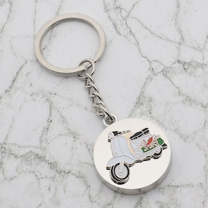 Beautiful MODS Scooter with Welsh Wales Dragon Flag Design with special Personalised Engraved message Keyring
