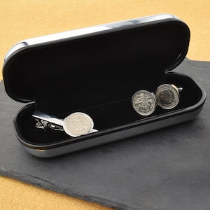 Hand Set Lucky 1965 Sixpence Cufflinks and Tie Clip set Displayed in a Personalised Engraved Box with sixpence. Great 60th Birthday Gift!