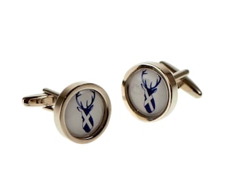 Stag Outline Saltaire Bandera Escocesa Diseño Round Border Cufflinks en una caja de cufflink personalizada