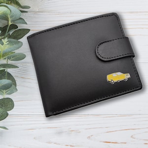 Personalisierte Trotters Gelbes Auto im Stil von Reliant Robin Design Schwarze Echtlederbrieftasche mit optionaler gravierter Geschenkbox