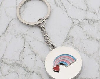 Trans Flag Rainbow an Heart Design with special Personalised Engraved message Keyring