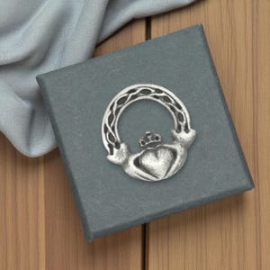 English Handmade Pewter Traditional Irish Ring Claddagh Lapel Pin Badge Presented in a Box