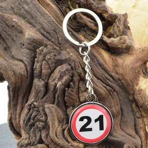 21st Birthday Speed Limit Road Sign, Silver Keyring with optional engraving on back.