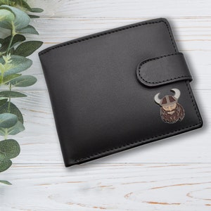 Cartera de cuero genuino negra con diseño de cabeza de guerrero vikingo personalizada con caja de regalo grabada opcional