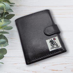 Cartera de cuero genuino negra con diseño de scooter musical Ska MOD de 2 tonos, personalizada con texto propio