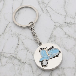 Beautiful Retro Scooter in pale blue Design with special Personalised Engraved message Keyring