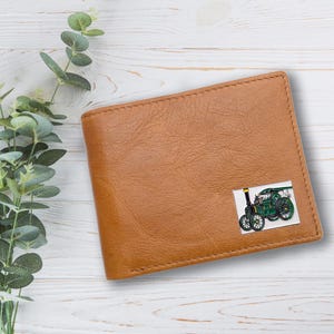 Portefeuille personnalisé en cuir véritable beige avec moteur à vapeur rétro avec boîte-cadeau gravée en option