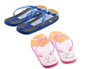 His & Hers Just married Tux and Wedding Dress Design Flip Flops Twin Set with Do Not Disturb Door Hanger