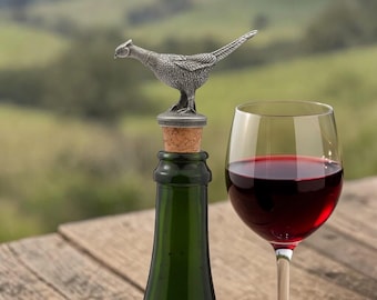 English Made Pewter & Cork Pheasant Wine Bottle Stopper in Gift Pouch
