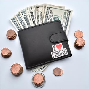 Personalisierte I Love Angeln Design Schwarz Echtleder Brieftasche mit optionaler gravierter Geschenkbox