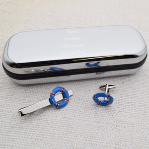 Blue Lifebuoy / Life Belt Ring and Cufflinks Set in Engraved personalised box