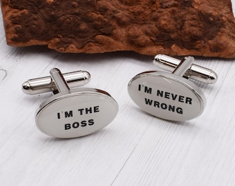 Gemelos con diseño I'm The Boss I'm Never Wrong en una caja personalizada para gemelos