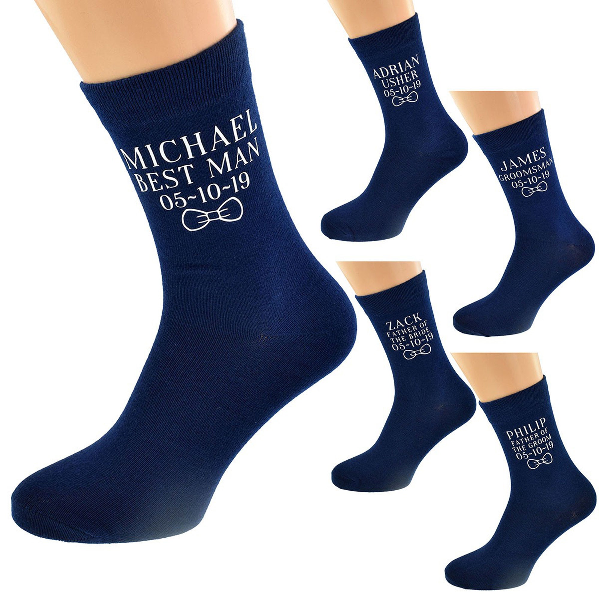 Image of Navy Blue Wedding Bow Tie Socks Optional Personalised Name Date