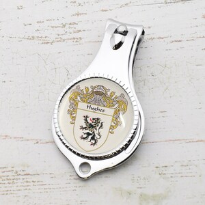 Personalised with Family Crest Pocket Nail clipper, file and Bottle Opener, can be engraved with short message ...