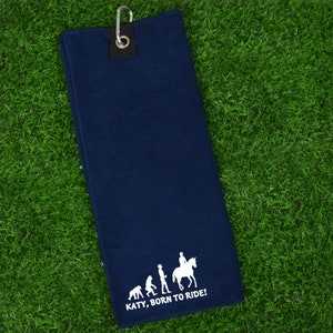 Personalised with Name Born to Ride Navy Blue Microfibre Golf Towel Great Gift for Horse riders