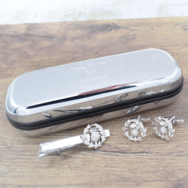 Scottish Thistle Tie Clip and Cufflinks Set in Engraved personalised box