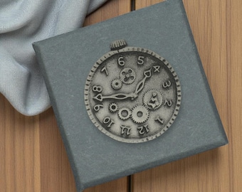 English Handmade Pewter Steampunk Fob Watch Lapel Pin Badge Presented in a Box