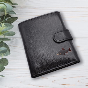 Personalisiert mit eigenem Text Plötze Fisch Angeln Design Schwarz Echtleder Brieftasche