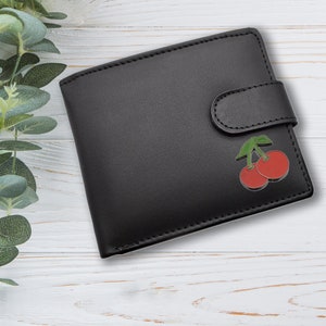 Personalisierte Kirsch Design Schwarz Echtleder Brieftasche mit optionaler gravierter Geschenkbox