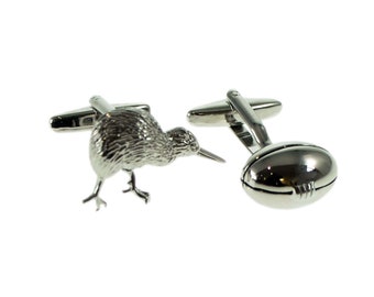 New Zealand - Kiwi and Rugby Ball Mixed Pair of Cufflinks in Personalised Cufflink Box