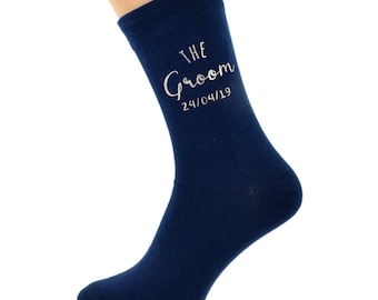 Navy Blue Wedding Socks with SILVER Text and Optional Personalised Name Date