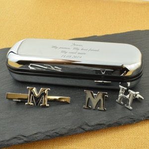 Alphabet Cufflinks and matching Tie Clip in Engraved Chrome Effect Gift Box