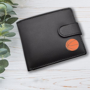 Cartera de cuero genuino negra con diseño de baloncesto personalizado con caja de regalo grabada opcional