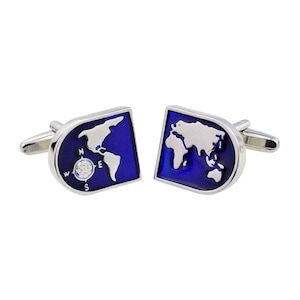 Blauwe geëmailleerd kaart van de wereld aansluiten van manchetknopen in gepersonaliseerde cufflink vak