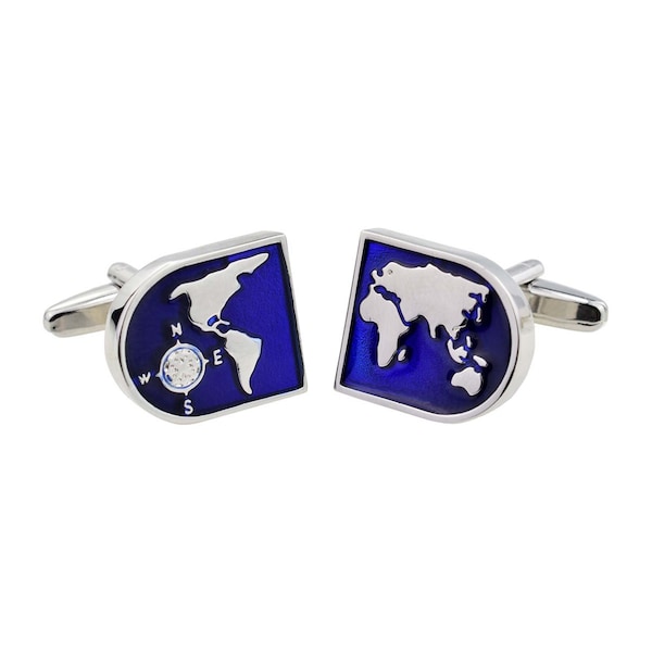 Blue Enamelled Map of the World Joining Cufflinks in Personalised Cufflink Box