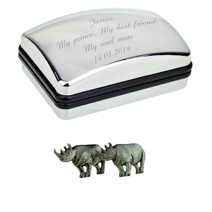 Rhinoceros Design English Made Pewter Cufflinks in Optional Personalised Cufflink Box