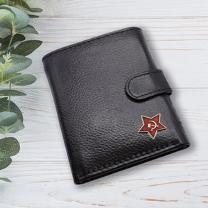 Personalisiert mit eigenem Text Sowjetunion Stern Design Schwarze Echtleder Brieftasche