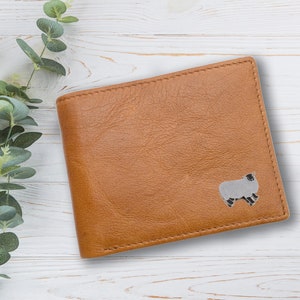 Cartera de cuero genuino color canela con diseño de animales de granja de ovejas personalizada con caja de regalo grabada opcional