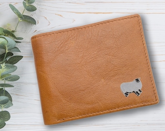 Personalised Sheep Farm Animal Design Tan Genuine Leather Wallet with Optional Engraved gift box